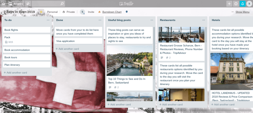 Free sample board for travel planning with Trello