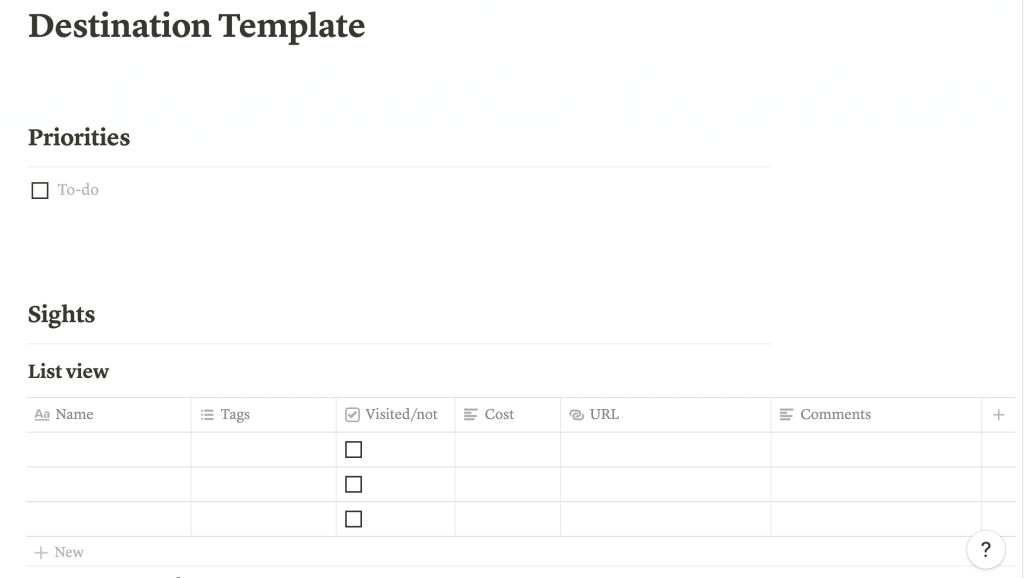 Notion for travel - destination template