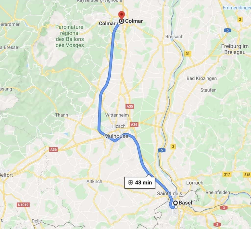 Basel to Colmar map and distance